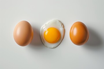 Three eggs in different states, symbolizing transformation from raw to cooked