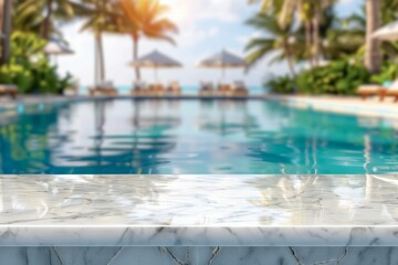 Fototapeta premium Empty white marble stone table top and blurred swimming pool in tropical resort in summer banner background 