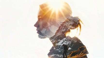 Double exposure of woman in mountains and sun. 