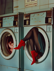Girl in the washing machine drum.Minimal creative fashion,cleanliness and morality concept.