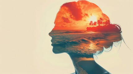 Double exposure. Silhouette of a woman with a sunset over the sea in the background.