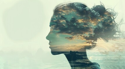 Double exposure of woman face silhouette and sunset sky with clouds. 