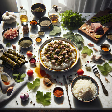 Japrak Preparation on White Marble with Fresh Ingredients