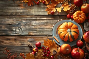 Autumn background from fallen leaves and fruits with vintage place setting on old wooden table. Thanksgiving day concept 