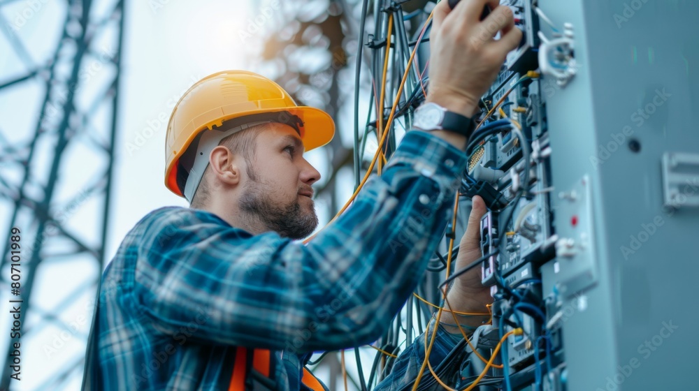 Poster A technician working on a signal tower installation, connecting cables and adjusting antennas to enhance network reliability and speed.