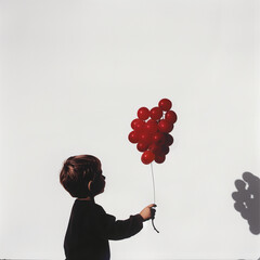 A drawn boy holding fresh grapes in the shape of balloons. A photograph combined with drawings and real components