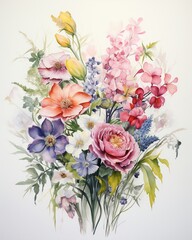 Pastel bouquet in watercolor, exuding charm and grace, set against a clean white backdrop for striking contrast ,  against pure white background