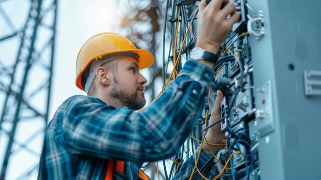 A technician working on a signal tower installation, connecting cables and adjusting antennas to enhance network reliability and speed.