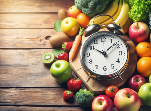 Gesundheitskonzept, Obst und Gem&uuml;se mit einem Wecker auf einer Holzplatte, copy space, Intervall fasten
