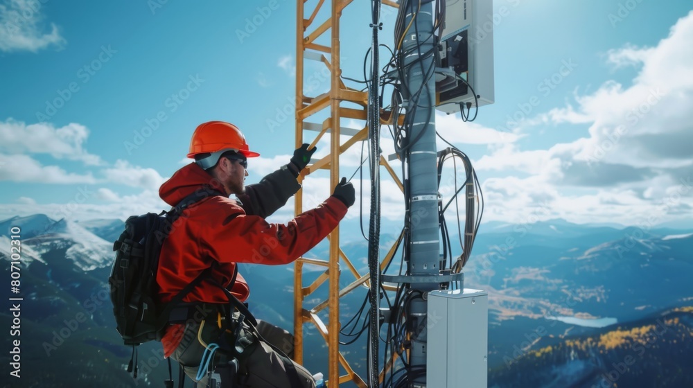 Poster A technician working on a signal tower installation, connecting cables and adjusting antennas to enhance network reliability and speed.