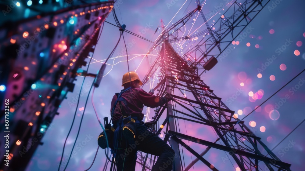 Poster a technician working on a signal tower installation, connecting cables and adjusting antennas to enh