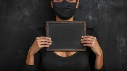   A woman conceals her face behind a black mask, holding a blackboard She wears a cloak covering her head as well