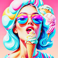 Pretty woman with sunglasses and blue hair eating a refreshing ice cream on multiple vivid color background.