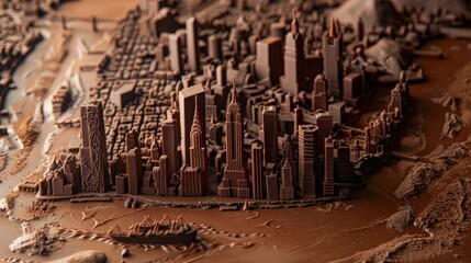 Chocolate city with skyscrapers. Town made of chocolate. Sweet urbanism