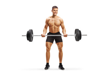 Muscular strong young man lifting weights topless