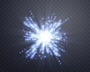 Blue fireworks, sun flash with rays and spotlight. Glowing burst explosion on a transparent background. Vector illustration.