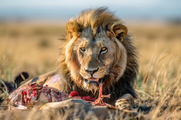 lion eat his kills in the savanna. 