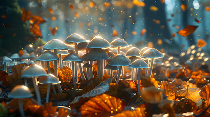 Enchanted Mushroom Colony: A Vibrant Close-Up of a Secret World Thriving Under Fallen Leaves