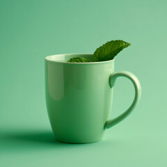 Mint green coffee mug against a matching green background.