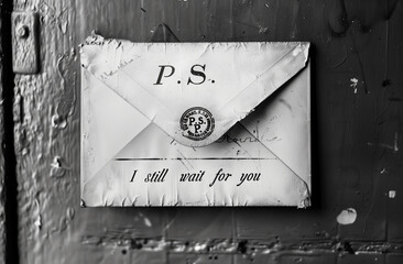 Envelope with text "P.S. I still wait for you".Minimal creative emotional and vintage concept.Flat lay