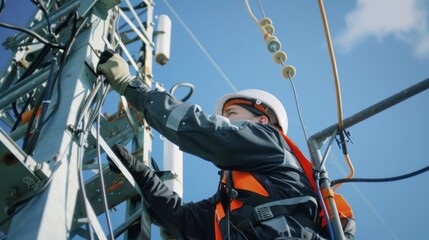 A telecommunications technician performing maintenance on a signal tower, ensuring continuous service and uptime for mobile networks.