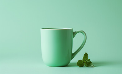 Mint green coffee mug against a matching green background. - Powered by Adobe