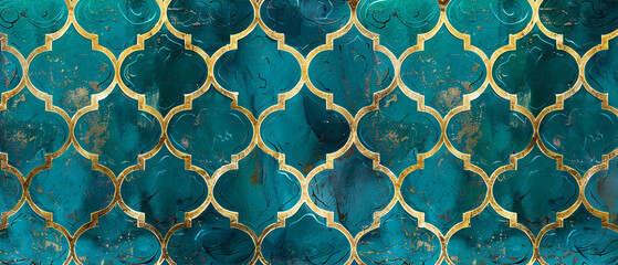Intricate Moroccan lattice pattern with geometric shapes in shades of teal and gold.