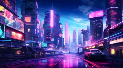 Panorama of night city with moving cars and skyscrapers.