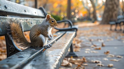 A squirrel sits on a park bench on a sunny day. The squirrel is looking to the right of the frame....
