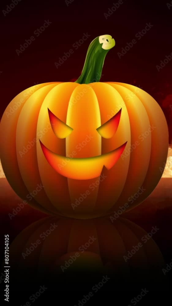 Wall mural vertical halloween jack o lantern in hell 4k loop features a jack-o-lantern on a reflective surface 