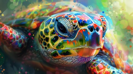 Vibrant explosion of colors in an artistic sea turtle portrait evokes a sense of movement and life