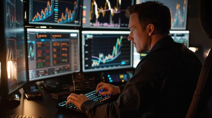 A trader checking stock performance on a desktop computer with multiple monitors displaying graphs and charts, illustrating data-driven investment decisions.