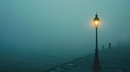 A lonely street lamp casts a warm glow on a deserted cobblestone dock. The dark water stretches out into the distance, shrouded in a thick fog.