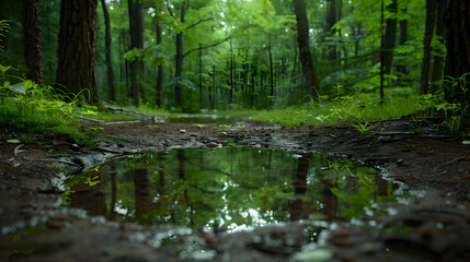 Enchanting Forest Puddle Reflections: A Photorealistic Capture of Nature's Beauty