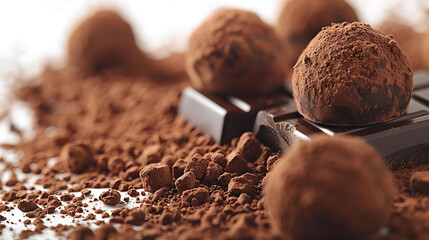 close - up of chocolate truffles with cocoa dusting, accompanied by a brown ball and a black and...