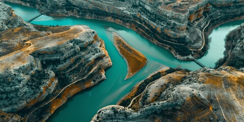Dramatic landscape of a serpentine river slicing through steep canyons, resembling an artist's palette with nature's earth tones