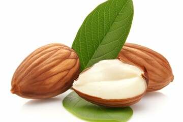 Close-up of whole and split almonds with vibrant green leaves on white background