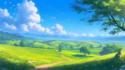 Naklejka premium Landscape photo of an Open Field, anime style