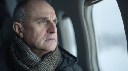   A man in a scarf gazes out the passenger plane's window