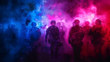 Digital art of riot police managing protesters in a demonstration. Concept Police, Protest, Demonstration, Digital Art, Riot
