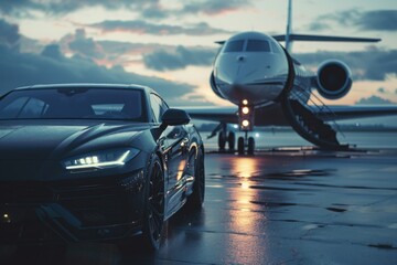 Luxury car in front of private jet on airport. - Powered by Adobe