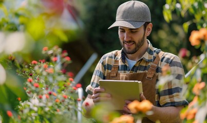 Man using tablet outdoors, landscape, arborist gardener providing a customer quote service using software technology on the job site, modern business owner, foreman, worker