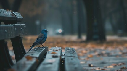 A beautiful blue bird sits on a park bench on a rainy day. The bird is perched on the edge of the seat, looking out at the rain. - Powered by Adobe