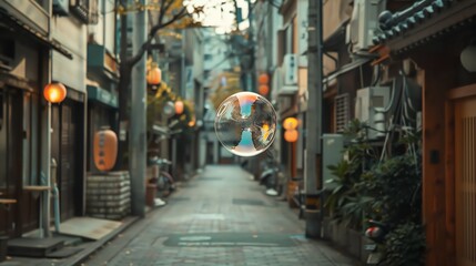 Fototapeta premium A beautiful soap bubble floats down a narrow street in a traditional Japanese town. The bubble is perfectly round and reflects the light of the sky.