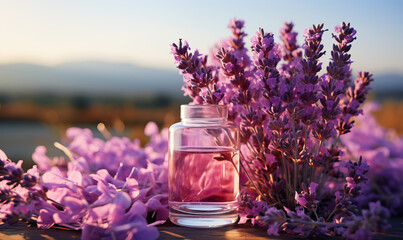 Jar with purple flowers on table AI Art