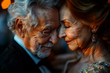 Elderly couple sharing tender moment at sunset event