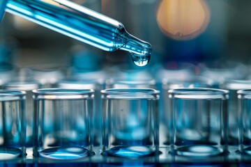Blue Chemical Solution: Lab Pipette and Test Tubes in Close-up 