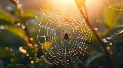 Photo realistic image of a spider meticulously weaving its web in the early morning dew, showcasing the mastery of engineering in the quiet forest. - obrazy, fototapety, plakaty