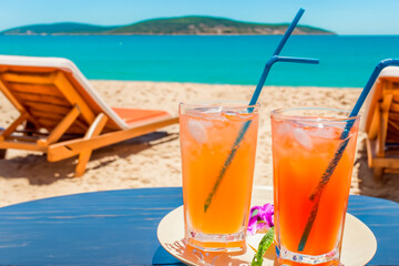Two glasses of refreshing drinks or cocktails on a table on the beach of a tropical resort