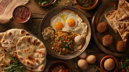 A traditional Egyptian breakfast spread with ful medames, falafel, eggs, and flatbread, a hearty and nutritious way to start the day.